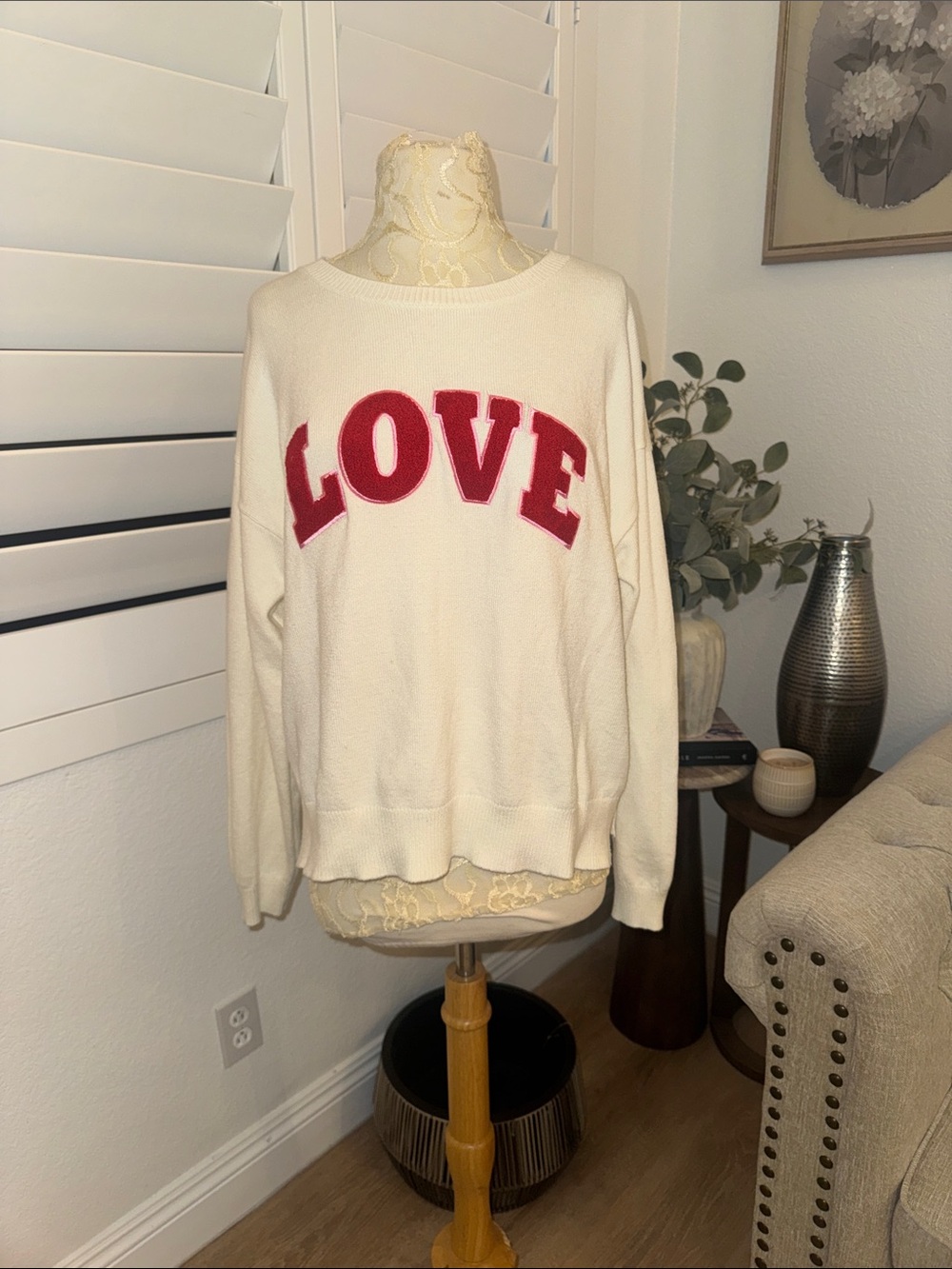 Cream Crewneck Sweater with Red LOVE Appliqué